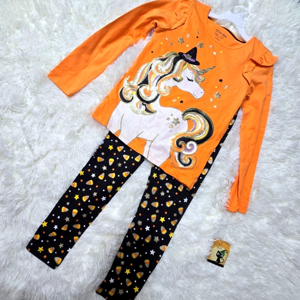 Spooky Night Unicorn Sequin 2 Piece Kids Orange Shirt Pants Set. Size medium 7/8